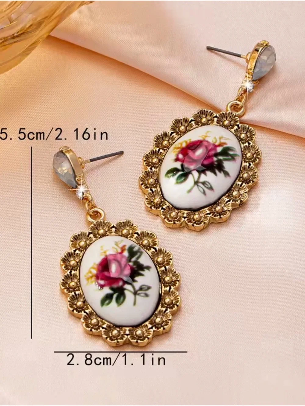 Red Rose Porcelain Drop Earrings with Gold Filigree
